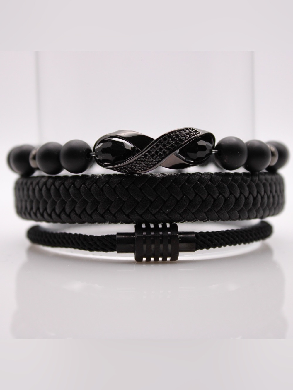 Men's Black Multi-Strand Braided & Beaded Bracelet Set